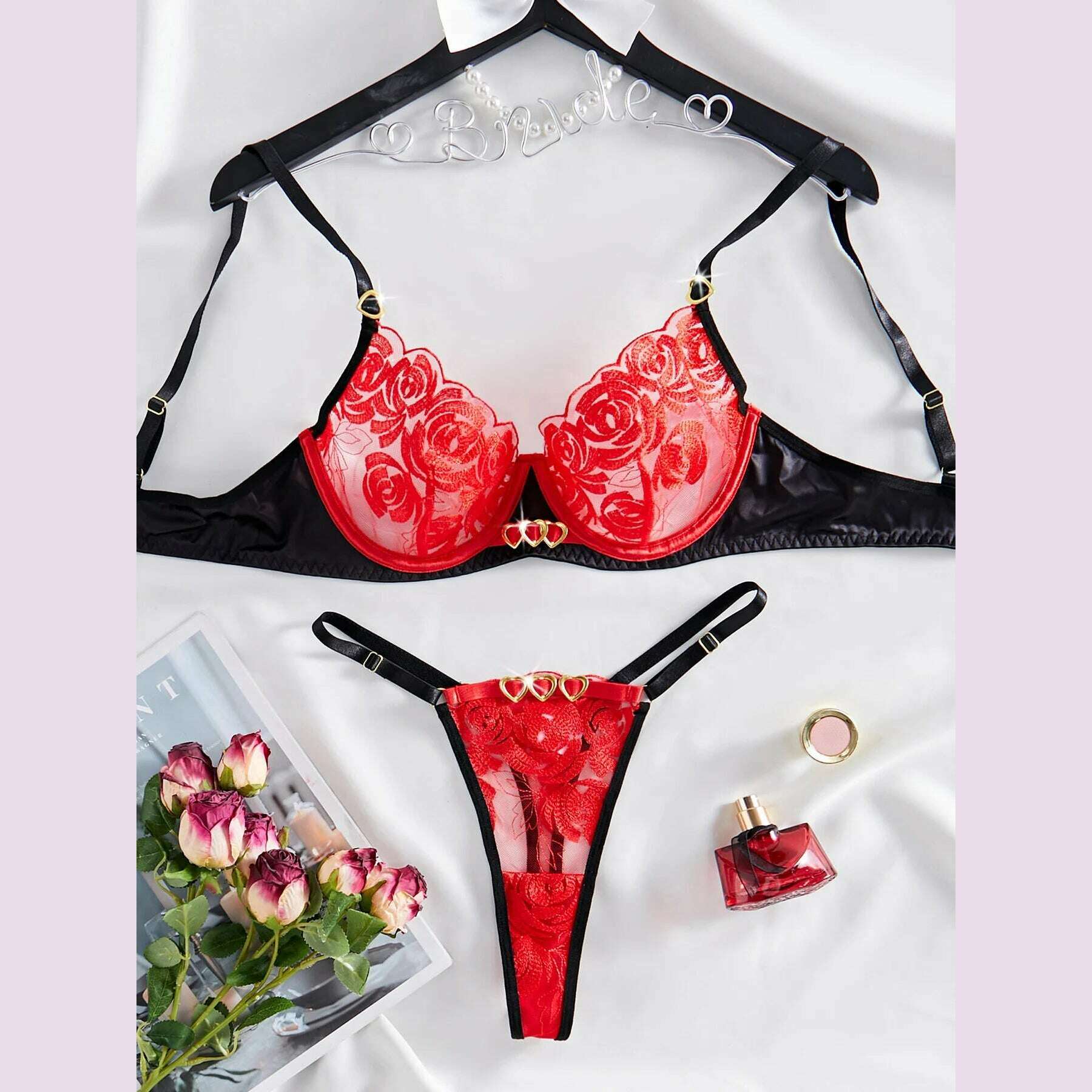 KIMLUD, 2024 New Personality Female Embroidery Splicing Love Comfortable Mesh Sexy Lingerie Erotic Two-Piece Set Onlyfans, Black Red / M, KIMLUD APPAREL - Womens Clothes