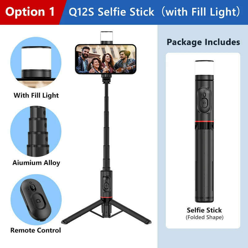 KIMLUD, 2024 NEW Portable Wireless Bluetooth Phone Telescopic Selfie Stick Tripod With Fill Light for Huawei iPhone 13 Android Xiaomi, Option 1, KIMLUD APPAREL - Womens Clothes