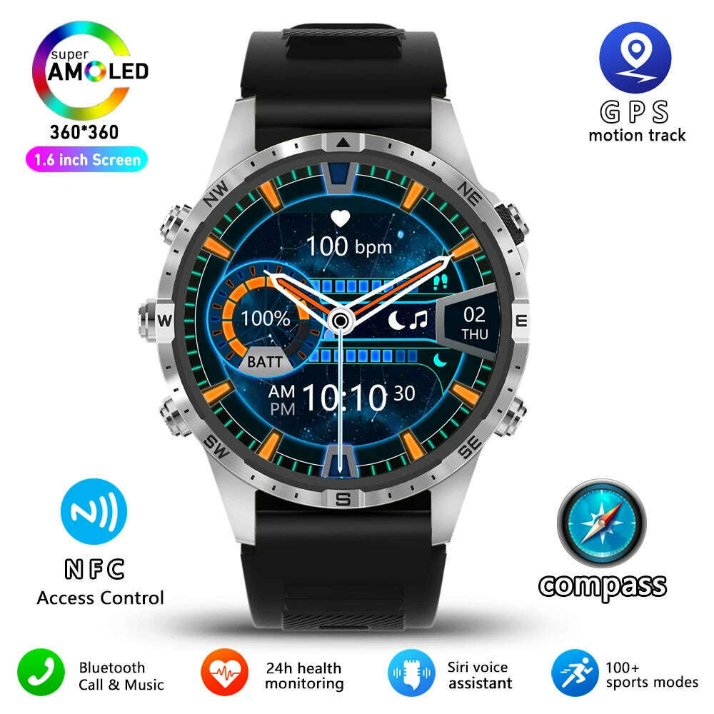 KIMLUD, 2024 NEW Smart Watch GT45 Men Bluetooth Call Outdoor Sports Voice Assistant Compass Health Monitoring Fitness Tracker Smartwatch, Black silicone belt / Outdoors Compass, KIMLUD Womens Clothes