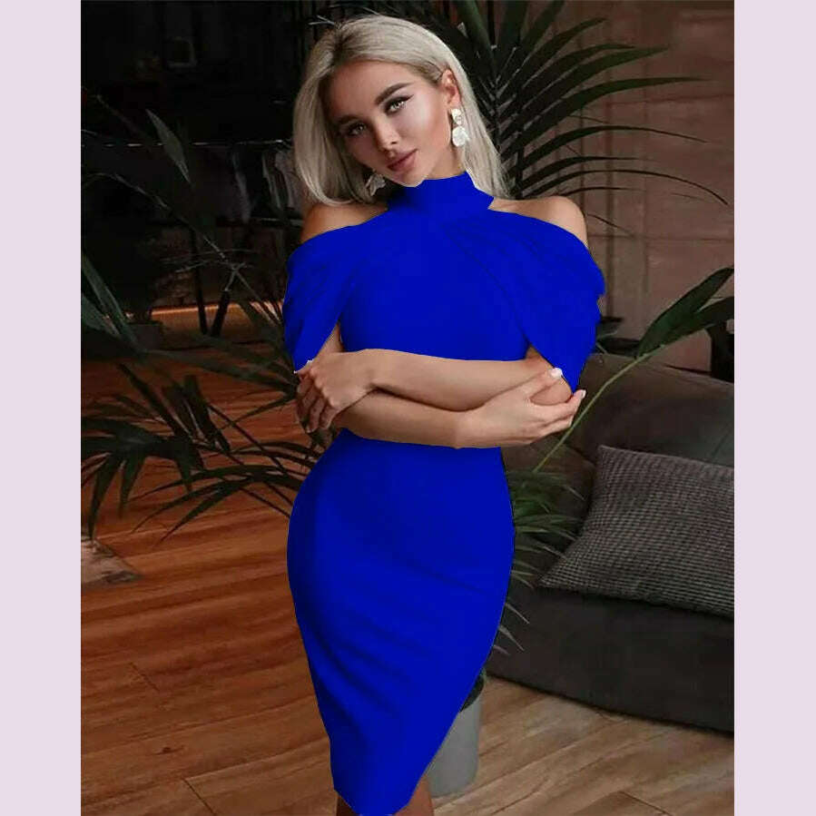 KIMLUD, 2024 New Solid Color Slim Midi Dresses Women Halter Neck Off Shoulder Package Hip Bodycon Elegant Temperament Ladies Party Dress, blue / XXXL, KIMLUD APPAREL - Womens Clothes