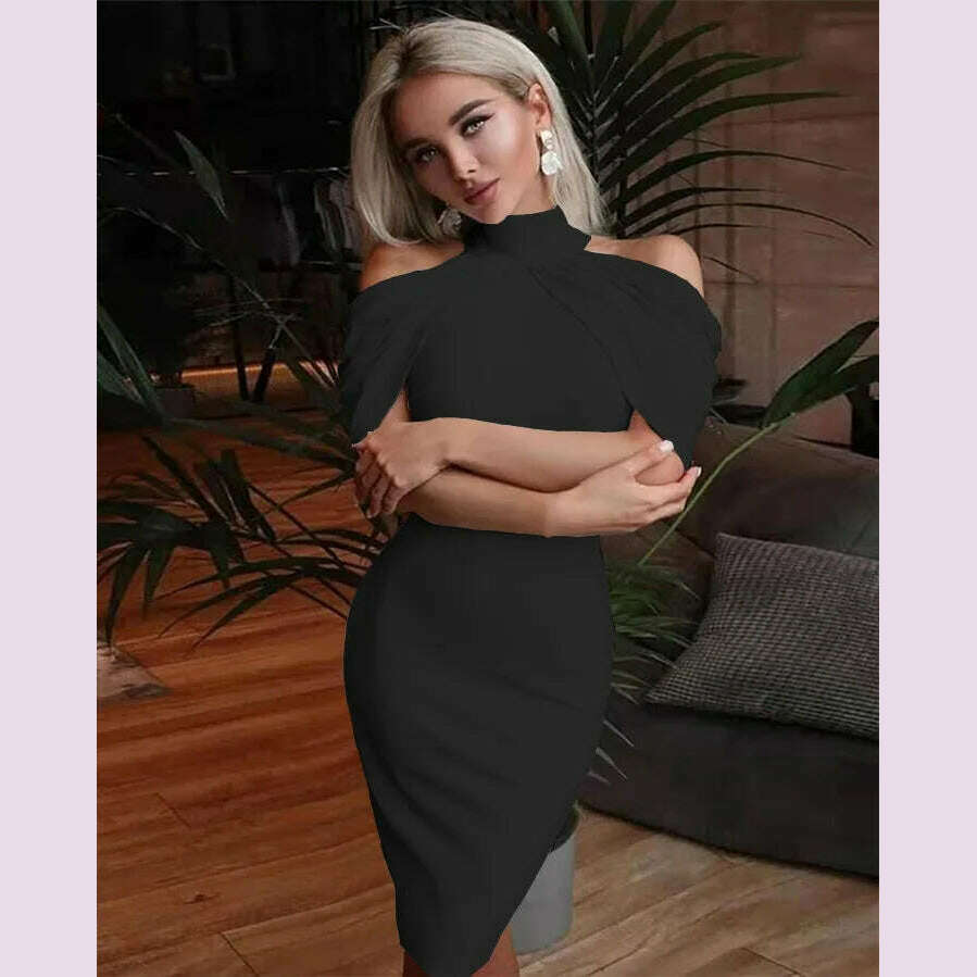 KIMLUD, 2024 New Solid Color Slim Midi Dresses Women Halter Neck Off Shoulder Package Hip Bodycon Elegant Temperament Ladies Party Dress, black / XXL, KIMLUD APPAREL - Womens Clothes