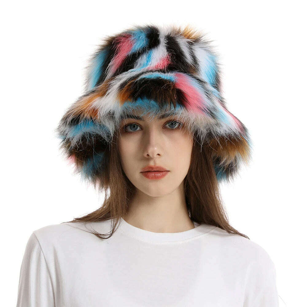 2024 New Winter Warm Faux Fur Bucket Hats For Women Outdoor Caps Soft Fleece Fisherman Cap Fluffy Earwarmer Ski Vacation Hats - KIMLUD