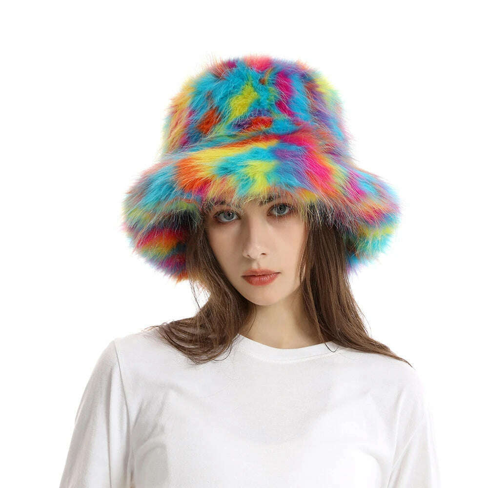 2024 New Winter Warm Faux Fur Bucket Hats For Women Outdoor Caps Soft Fleece Fisherman Cap Fluffy Earwarmer Ski Vacation Hats - KIMLUD