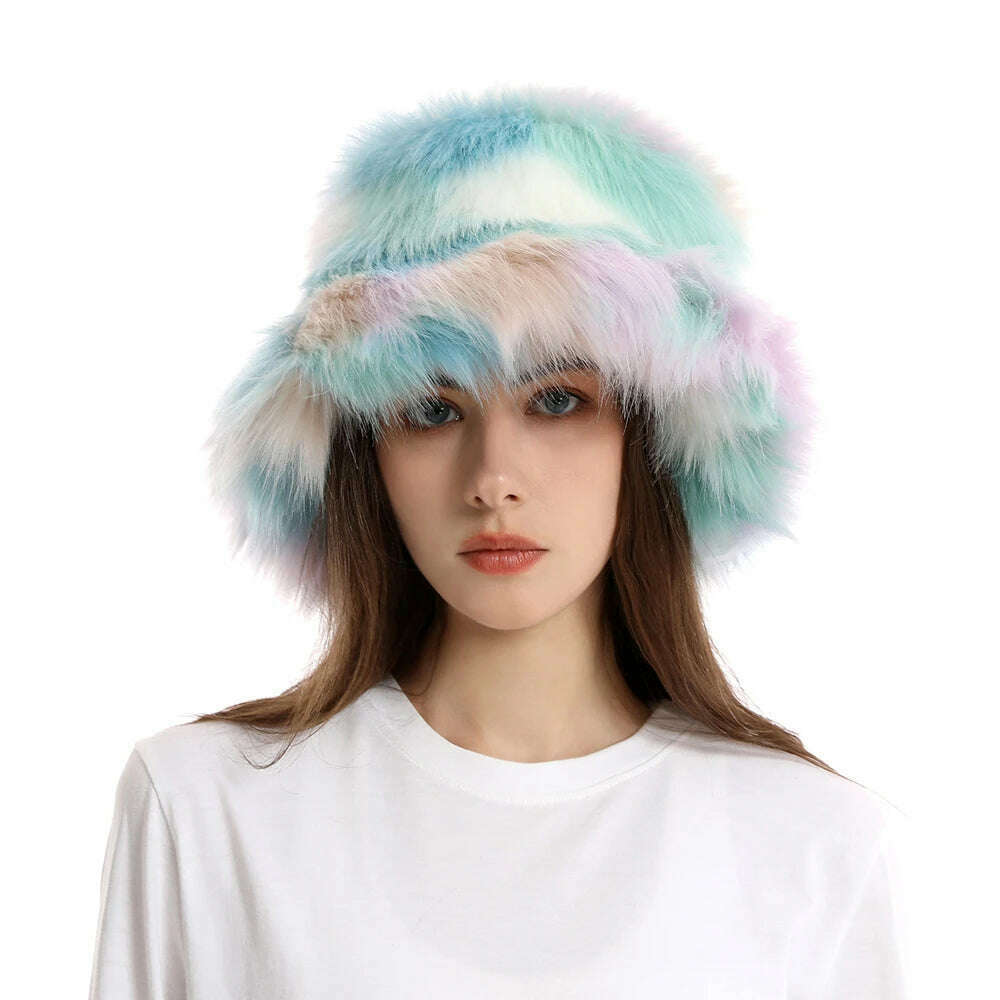 2024 New Winter Warm Faux Fur Bucket Hats For Women Outdoor Caps Soft Fleece Fisherman Cap Fluffy Earwarmer Ski Vacation Hats - KIMLUD