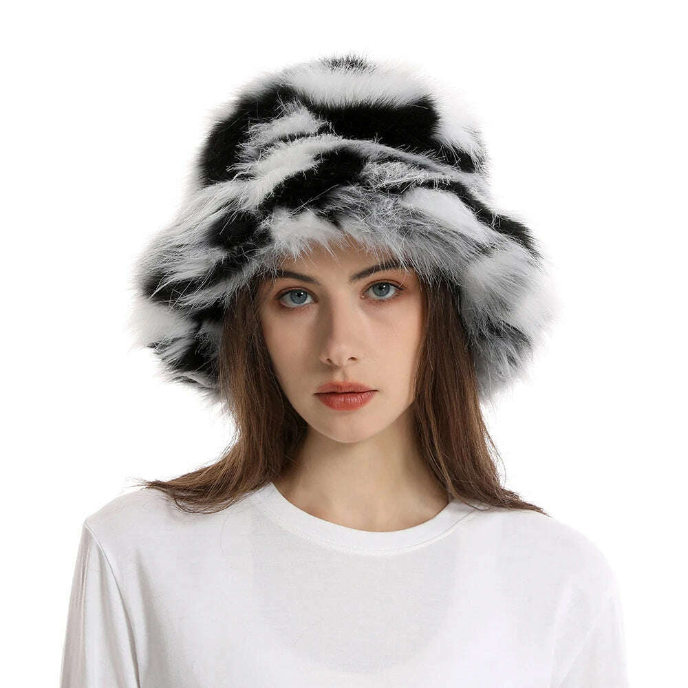 2024 New Winter Warm Faux Fur Bucket Hats For Women Outdoor Caps Soft Fleece Fisherman Cap Fluffy Earwarmer Ski Vacation Hats - KIMLUD