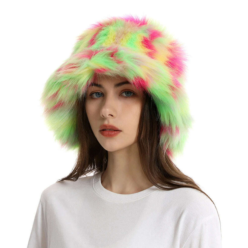 2024 New Winter Warm Faux Fur Bucket Hats For Women Outdoor Caps Soft Fleece Fisherman Cap Fluffy Earwarmer Ski Vacation Hats - KIMLUD