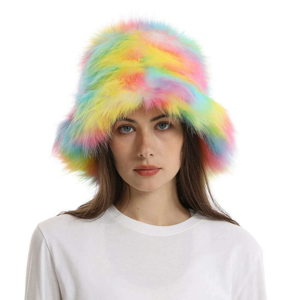 2024 New Winter Warm Faux Fur Bucket Hats For Women Outdoor Caps Soft Fleece Fisherman Cap Fluffy Earwarmer Ski Vacation Hats - KIMLUD