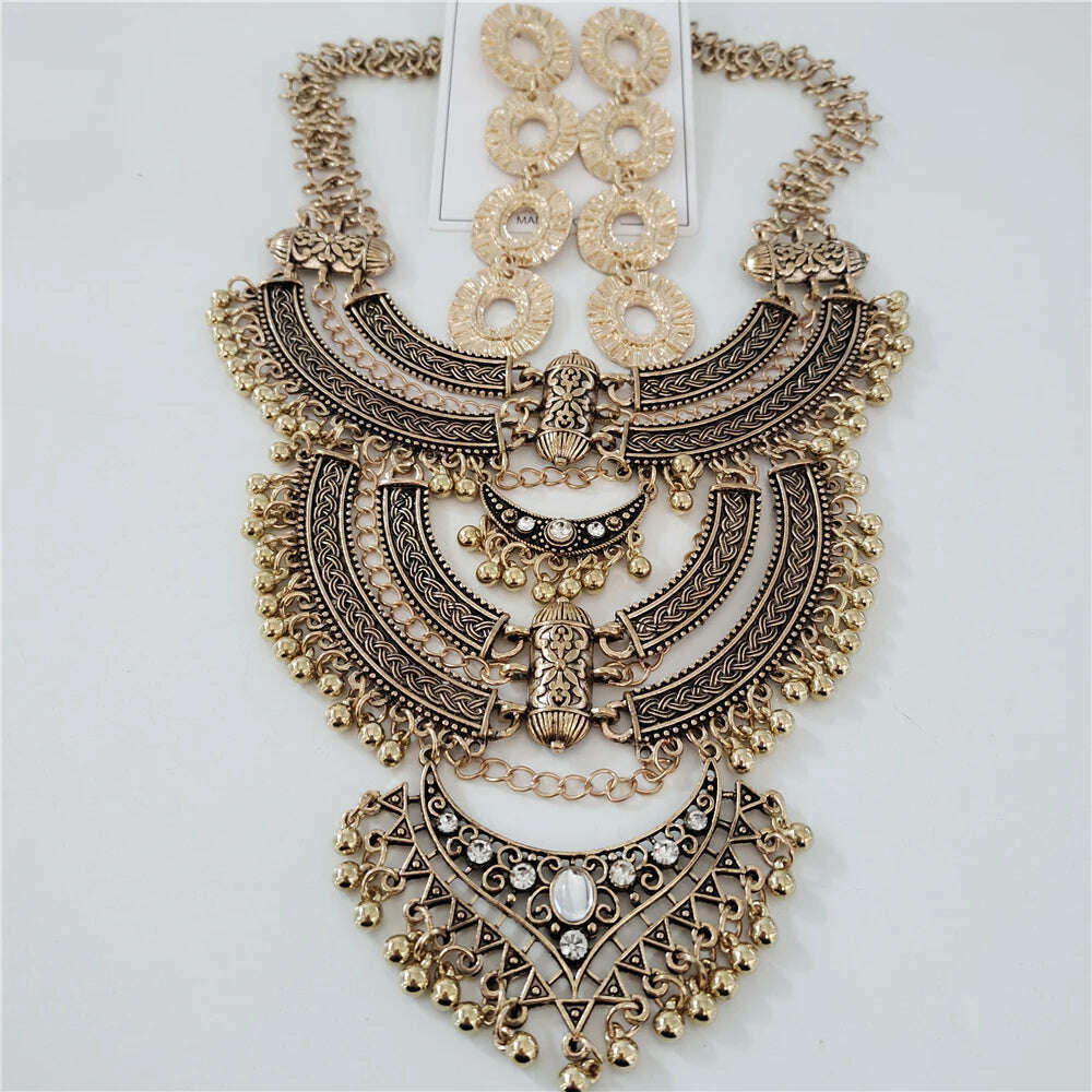 2024 New za Indian Vintage Gypsy Baroque Statement Metal Necklace Earrings Women Jewelry Sets Retro Large Collar Choker Necklace - KIMLUD