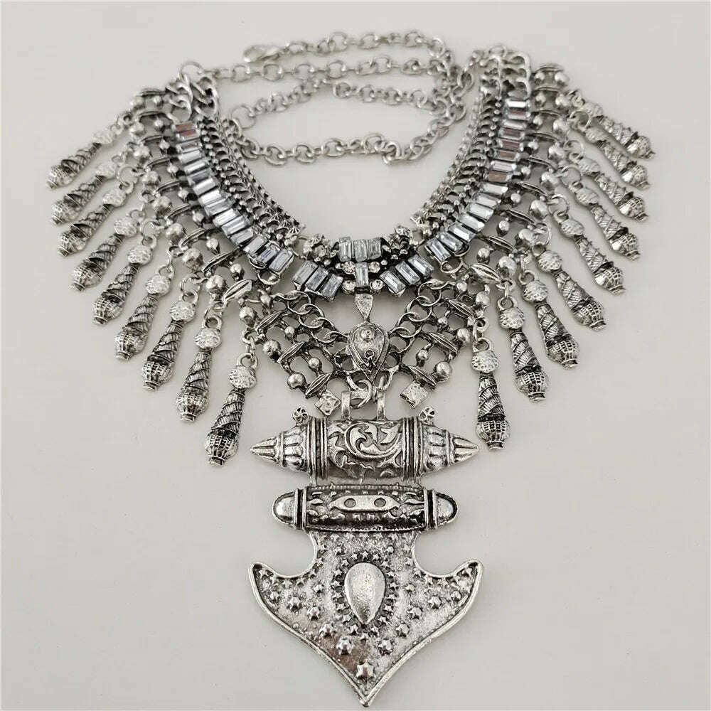 2024 New ZA Indian Vintage Statement Metal Necklace Earrings Women Jewelry Sets Boho Ethnic Retro Large Collar Tassel Necklace - KIMLUD