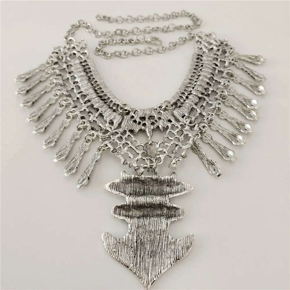 2024 New ZA Indian Vintage Statement Metal Necklace Earrings Women Jewelry Sets Boho Ethnic Retro Large Collar Tassel Necklace - KIMLUD