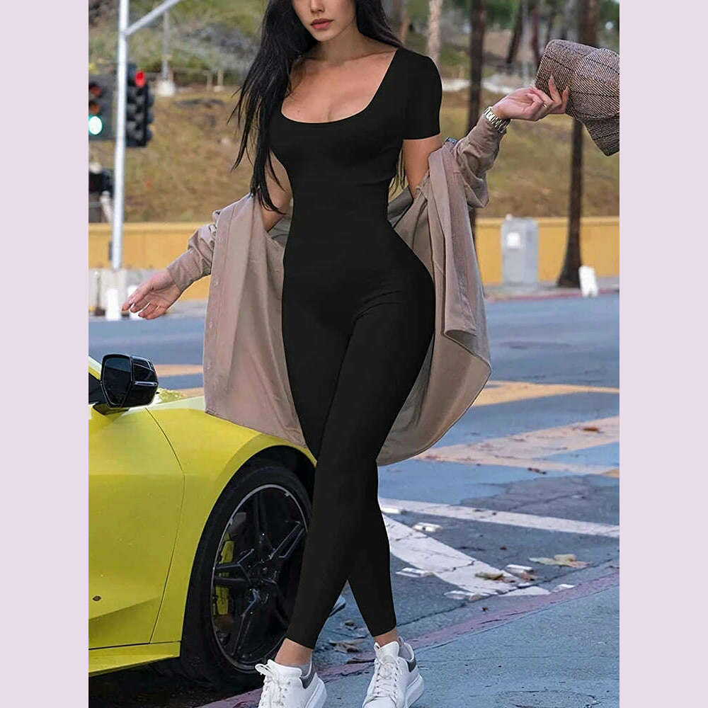 2024 Spring and Summer New Women's Short Sleeve Solid Colour Skinny Jumpsuit Fashion Sports Fitness U Neck Jumpsuit - KIMLUD