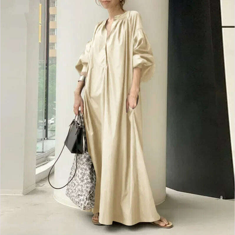 KIMLUD, 2024 Spring Cotton Linen Women Dress White Pocket Long Dresses Female Winter Trendy Elegant Casual Korean Fashion Clothes Ladies, apricot / L, KIMLUD APPAREL - Womens Clothes