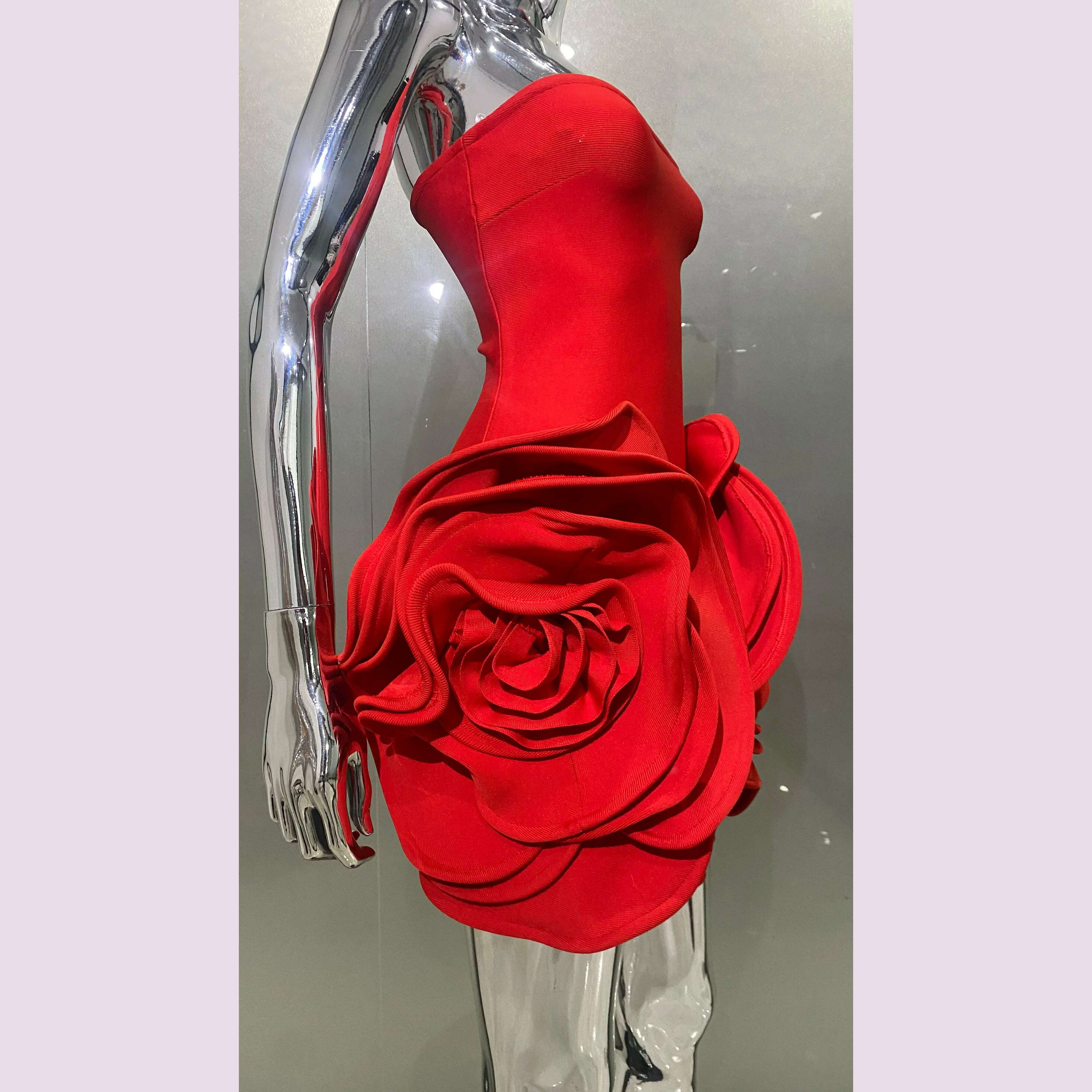 KIMLUD, 2024 Stereoscopic Flowers Strapless Red Bandage Mini Evening Dress Fashion Woman Birthday Party Dress Celebrity Party Outfit, KIMLUD Womens Clothes