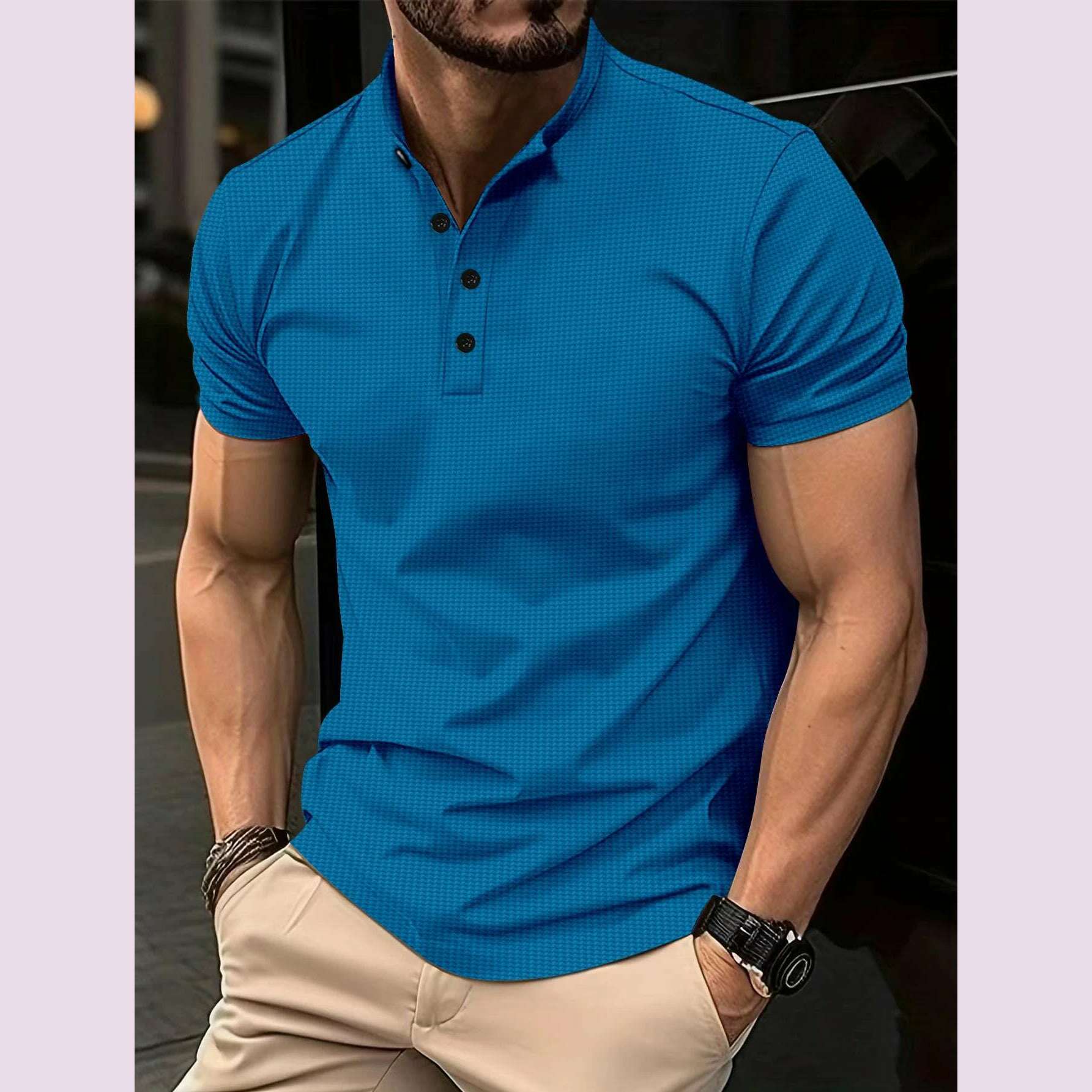 2024 summer explosive men's T-shirt Men's fashion slim-fit button-up POLO shirt Henry collar sports polo top - KIMLUD