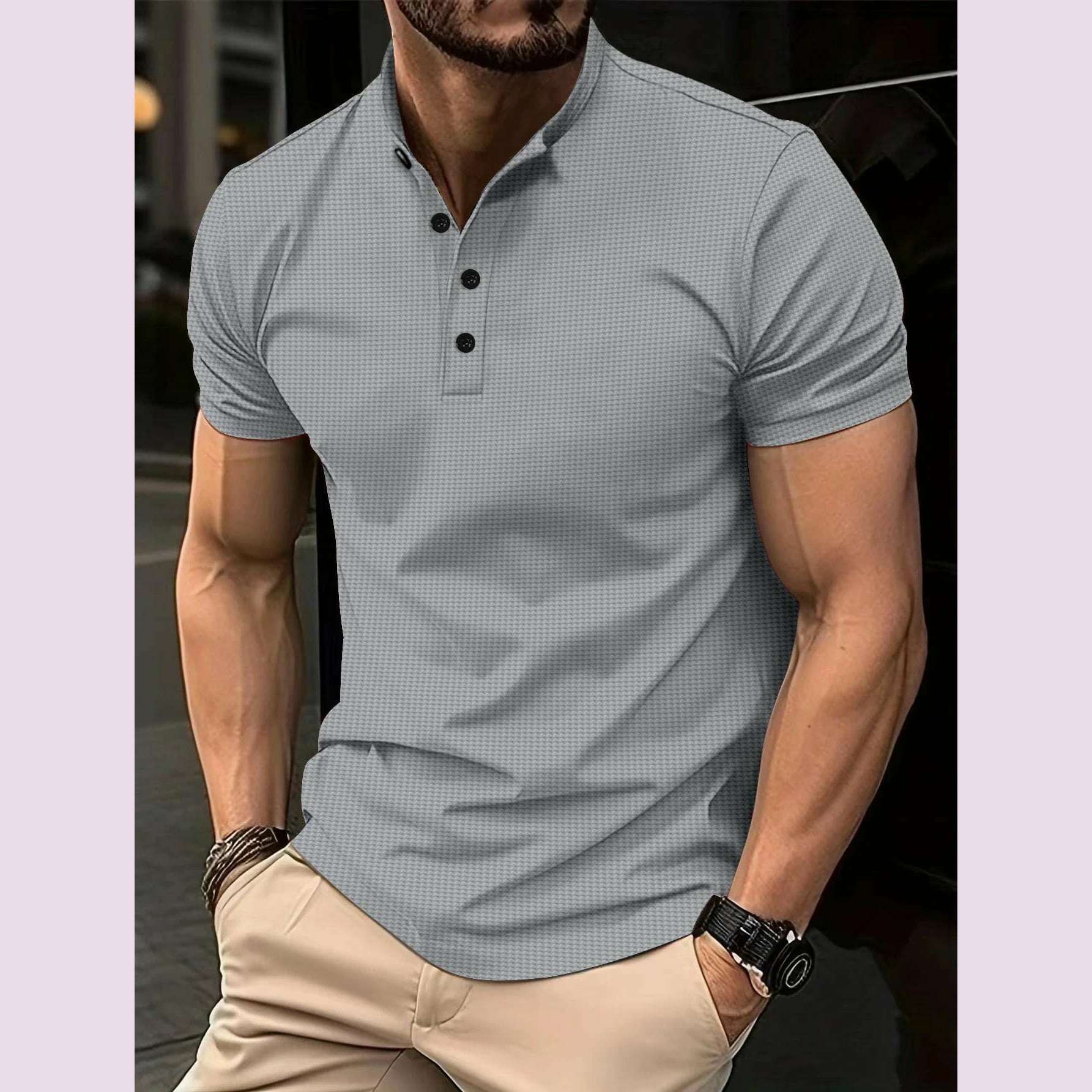 2024 summer explosive men's T-shirt Men's fashion slim-fit button-up POLO shirt Henry collar sports polo top - KIMLUD