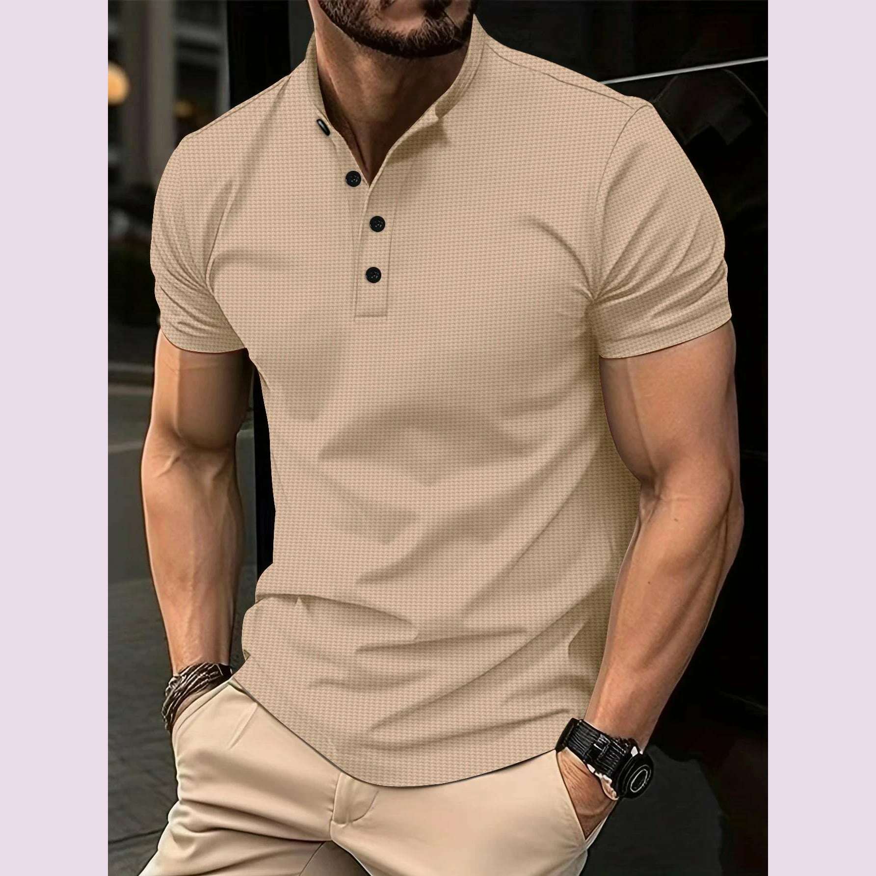 2024 summer explosive men's T-shirt Men's fashion slim-fit button-up POLO shirt Henry collar sports polo top - KIMLUD