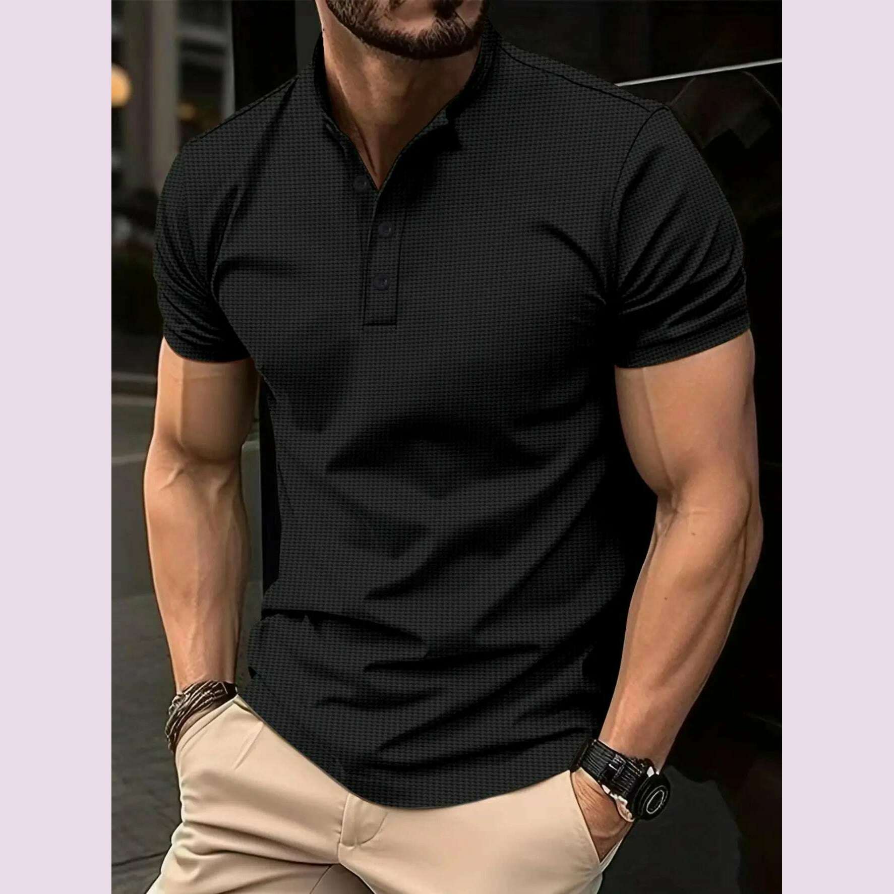 KIMLUD, 2024 summer explosive men's T-shirt Men's fashion slim-fit button-up POLO shirt Henry collar sports polo top, black / S, KIMLUD APPAREL - Womens Clothes