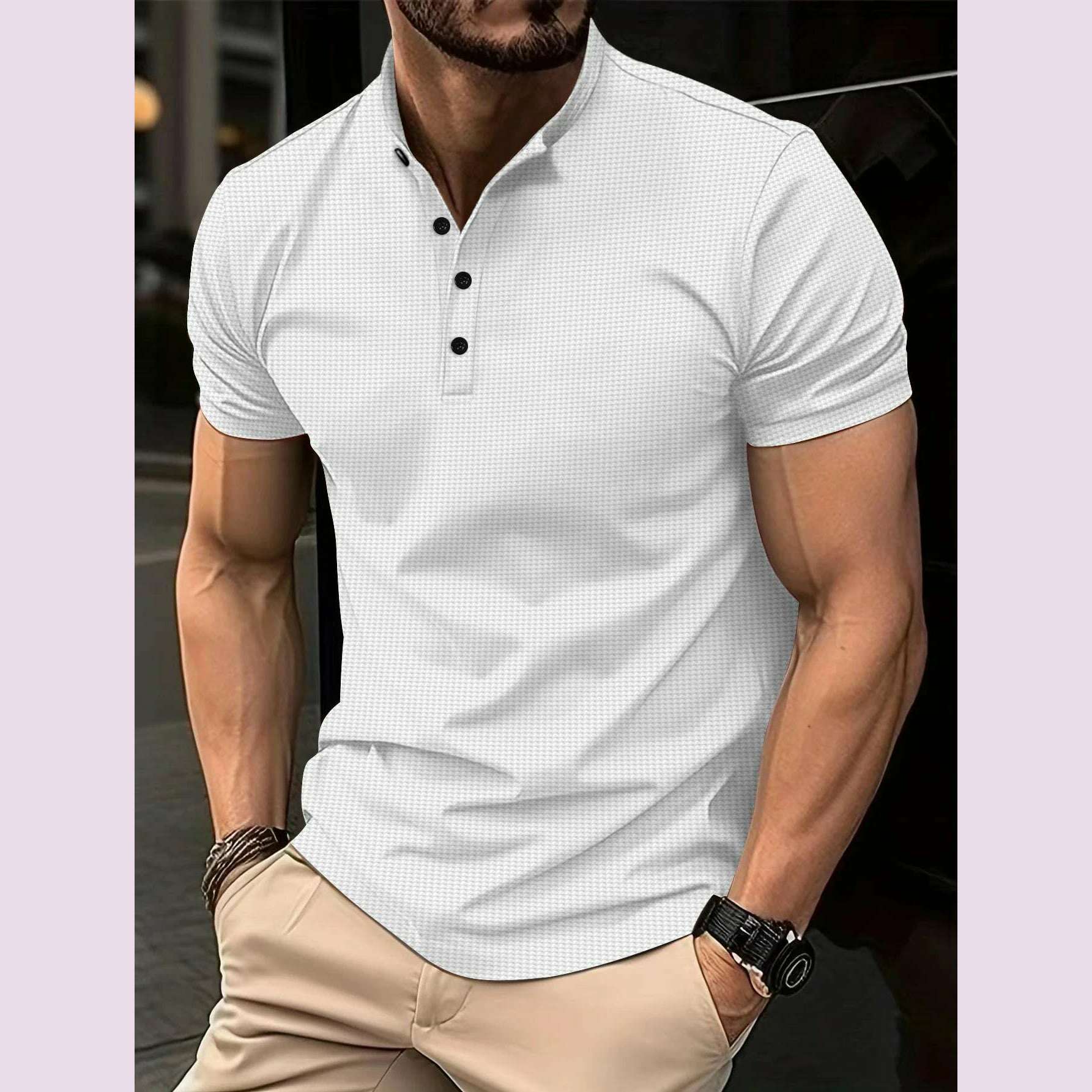 2024 summer explosive men's T-shirt Men's fashion slim-fit button-up POLO shirt Henry collar sports polo top - KIMLUD