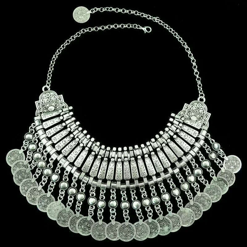 2024 Vintage Coins Multi-layered Metal Carvings Tassel Necklaces Fashionable and Versatile Exaggerated Bib Necklace - KIMLUD