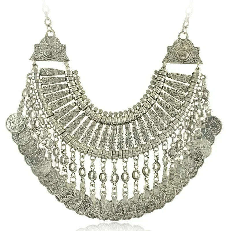 2024 Vintage Coins Multi-layered Metal Carvings Tassel Necklaces Fashionable and Versatile Exaggerated Bib Necklace - KIMLUD