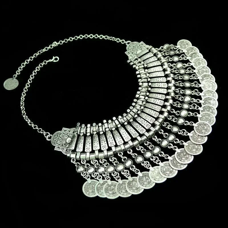 2024 Vintage Coins Multi-layered Metal Carvings Tassel Necklaces Fashionable and Versatile Exaggerated Bib Necklace - KIMLUD