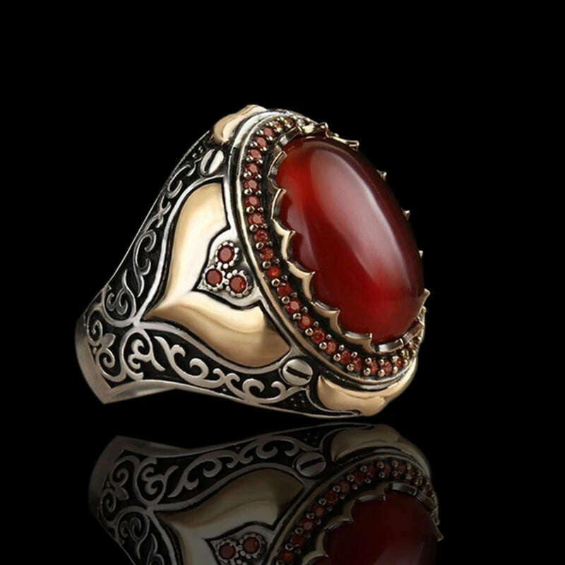 KIMLUD, 2024 Vintage Pattern Handmade Men Rings Retro Geometric Red Agate Stone Rings For Men Retro Islamic Jewelry Accessories, WHITE / 13, KIMLUD Womens Clothes