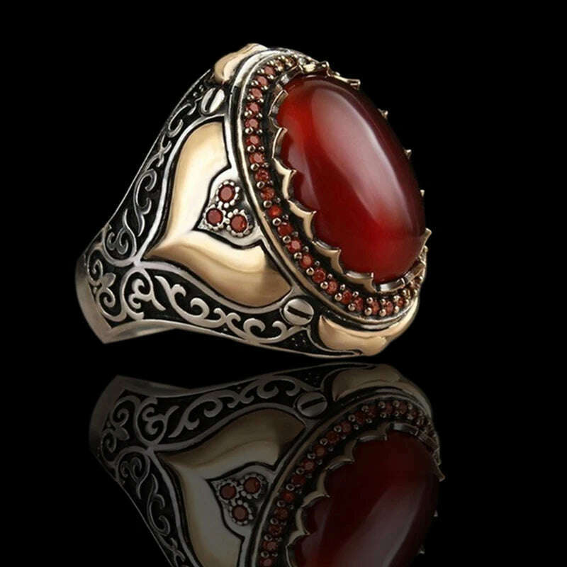 KIMLUD, 2024 Vintage Pattern Handmade Men Rings Retro Geometric Red Agate Stone Rings For Men Retro Islamic Jewelry Accessories, KIMLUD Womens Clothes