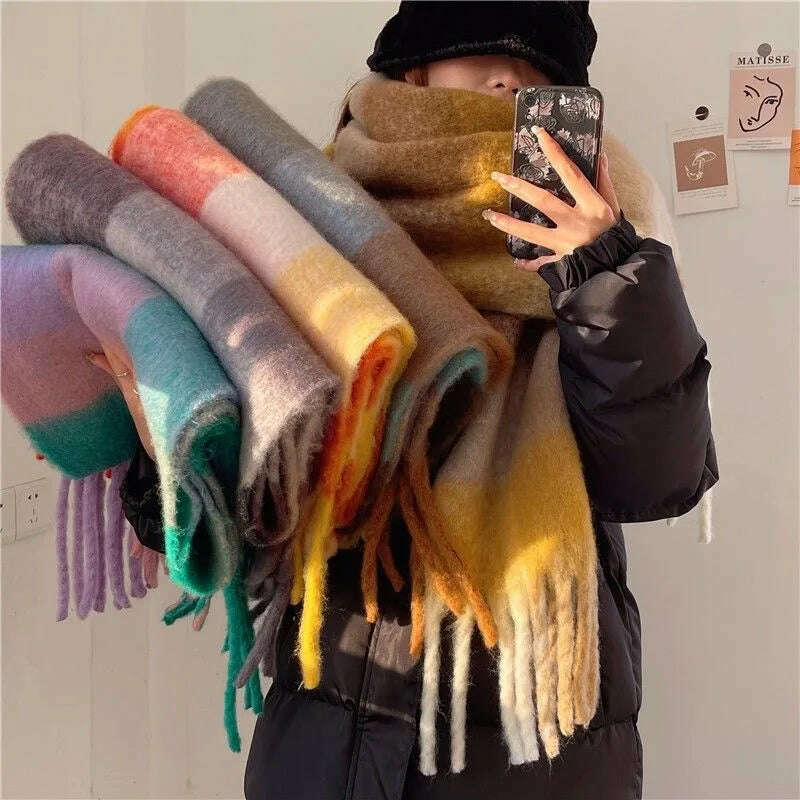 2024 Winter Thick Warm Scarf Women Cashmere Shawl and Wraps Pashmina Neckerchief Bufanda Female Rainbow Hairy Tessel Echarpe New - KIMLUD