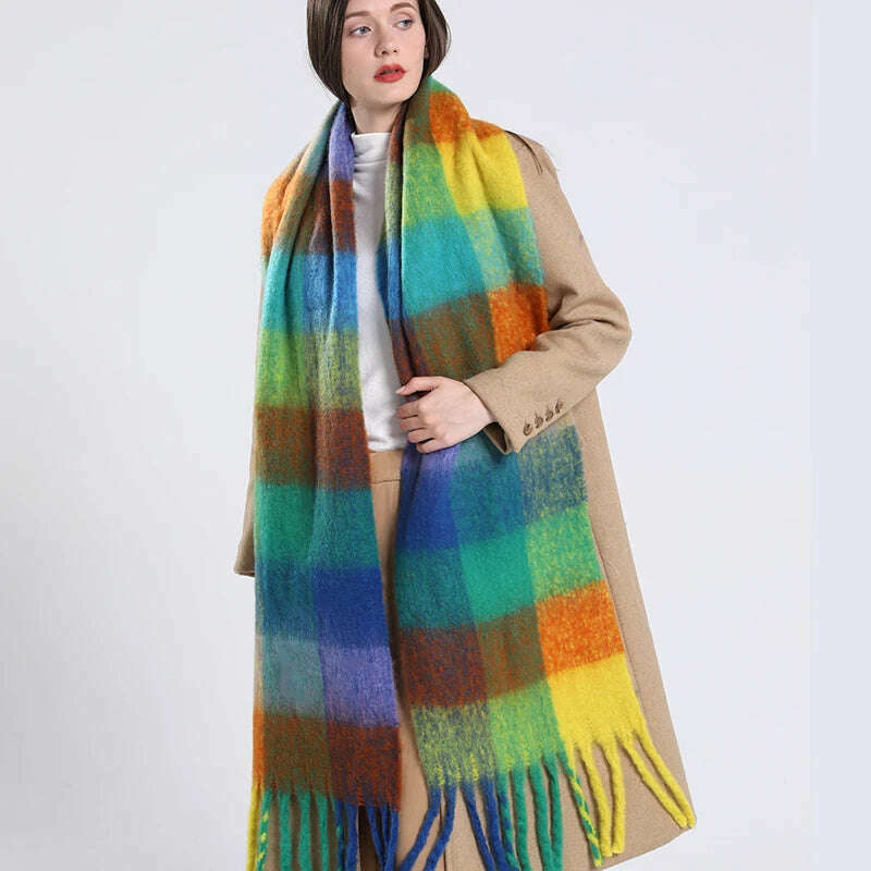 KIMLUD, 2024 Winter Thick Warm Scarf Women Cashmere Shawl and Wraps Pashmina Neckerchief Bufanda Female Rainbow Hairy Tessel Echarpe New, KIMLUD Womens Clothes