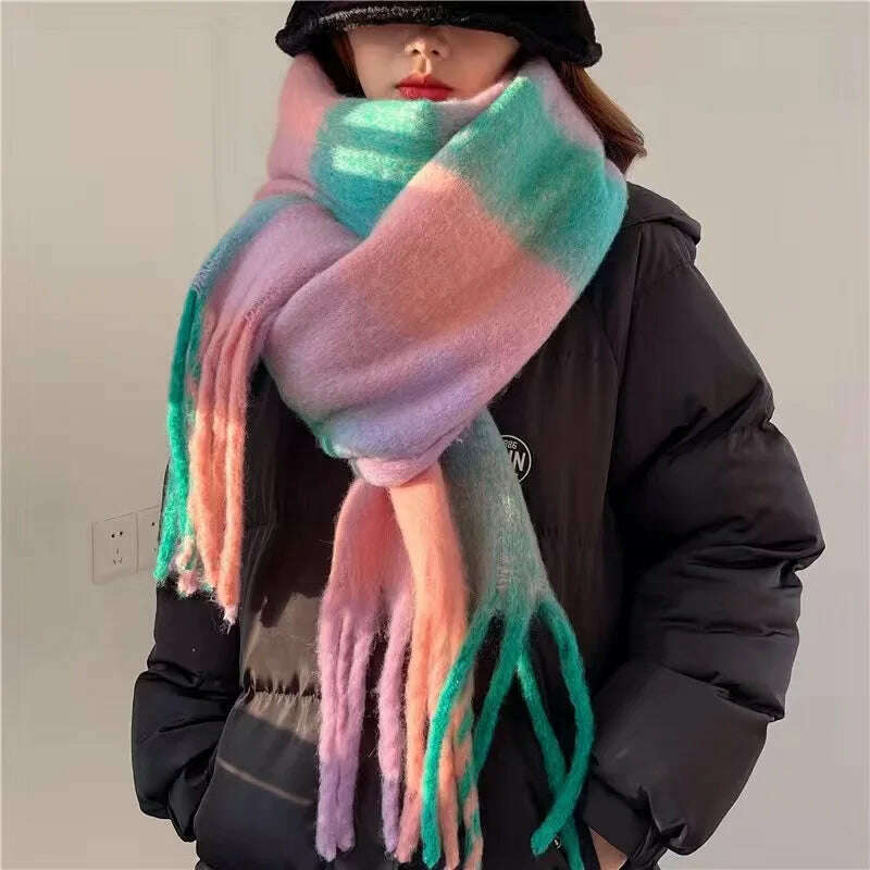 KIMLUD, 2024 Winter Thick Warm Scarf Women Cashmere Shawl and Wraps Pashmina Neckerchief Bufanda Female Rainbow Hairy Tessel Echarpe New, KIMLUD Womens Clothes