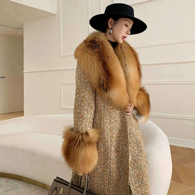 KIMLUD, 2024 Winter Women Wool Blends Long Coat Real Red Fox Fur Collar Cuffs Thick Warm Jacket Tweed Plaid New Luxury Female Coat, KIMLUD Womens Clothes