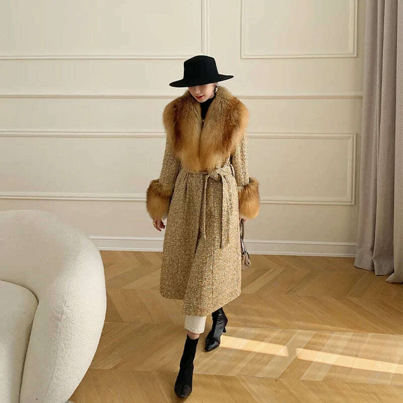 KIMLUD, 2024 Winter Women Wool Blends Long Coat Real Red Fox Fur Collar Cuffs Thick Warm Jacket Tweed Plaid New Luxury Female Coat, KIMLUD Womens Clothes