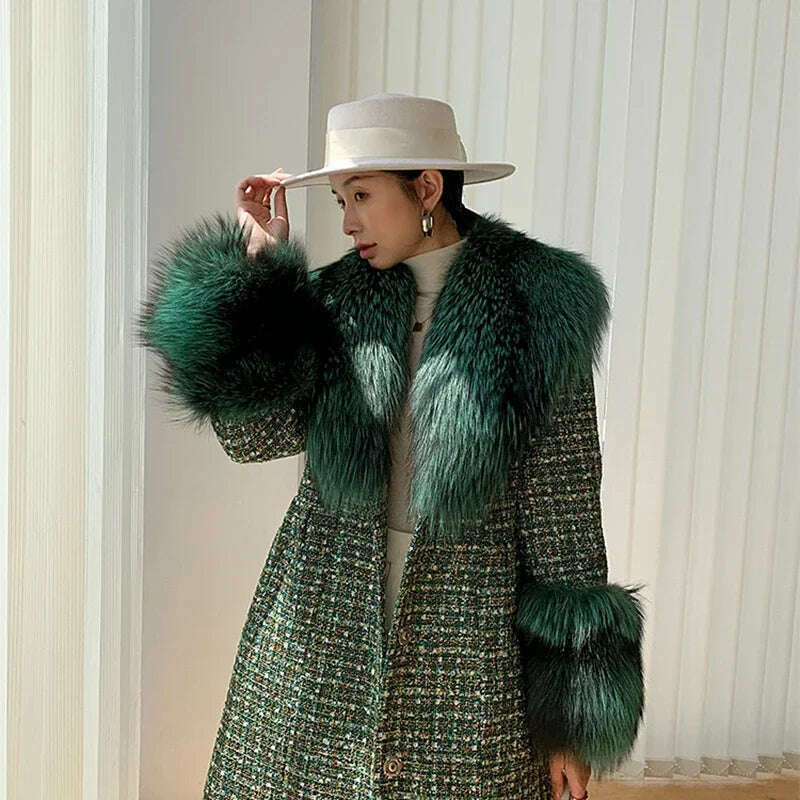 KIMLUD, 2024 Winter Women Wool Blends Long Coat Real Red Fox Fur Collar Cuffs Thick Warm Jacket Tweed Plaid New Luxury Female Coat, KIMLUD Womens Clothes