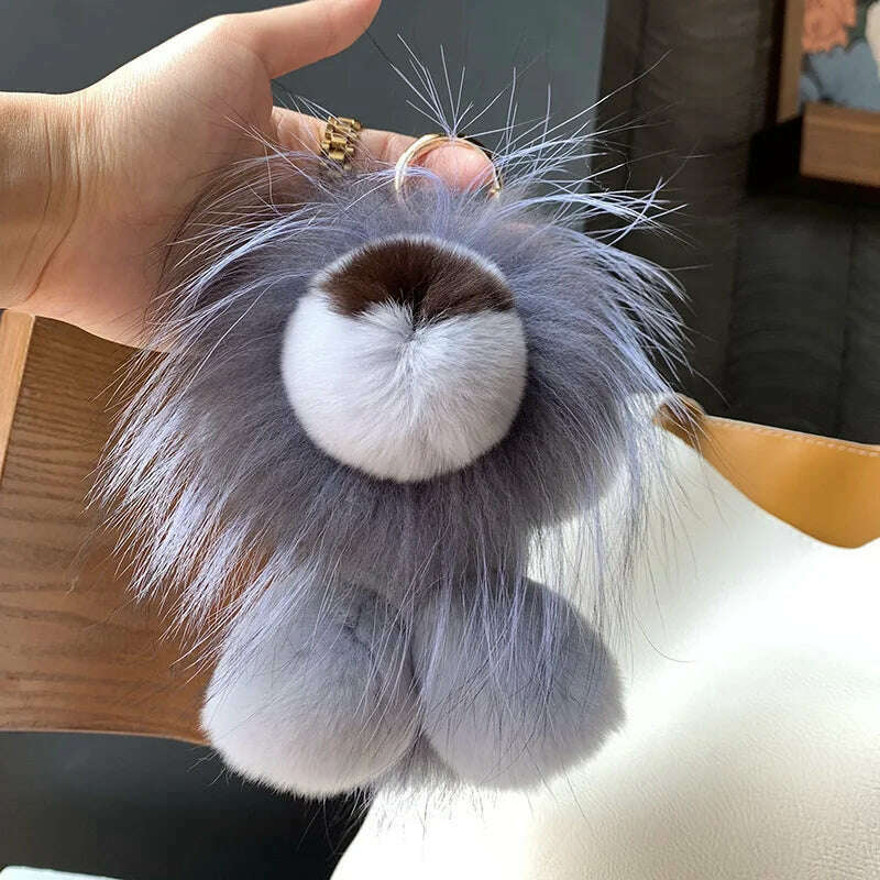 2024 Women Real Rex Rabbit Fur Bag Purse Ornaments Car Key Ring Fur Strap Kids Plush Toys Gift Cute Small Lion Pendant Keychain - KIMLUD