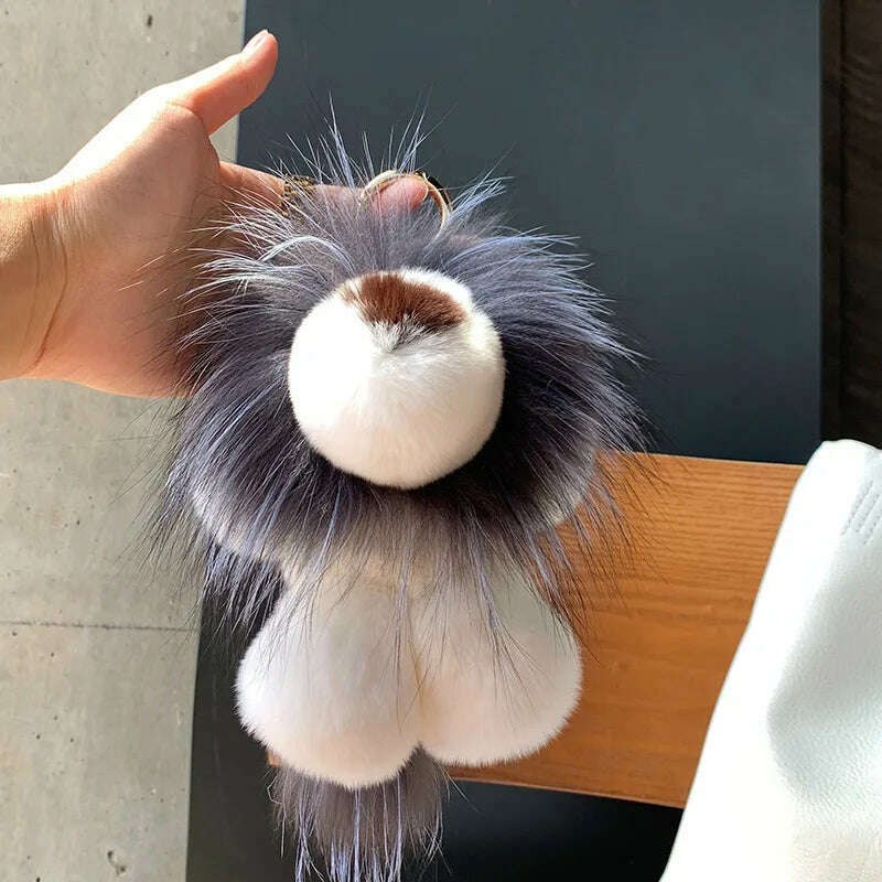 2024 Women Real Rex Rabbit Fur Bag Purse Ornaments Car Key Ring Fur Strap Kids Plush Toys Gift Cute Small Lion Pendant Keychain - KIMLUD