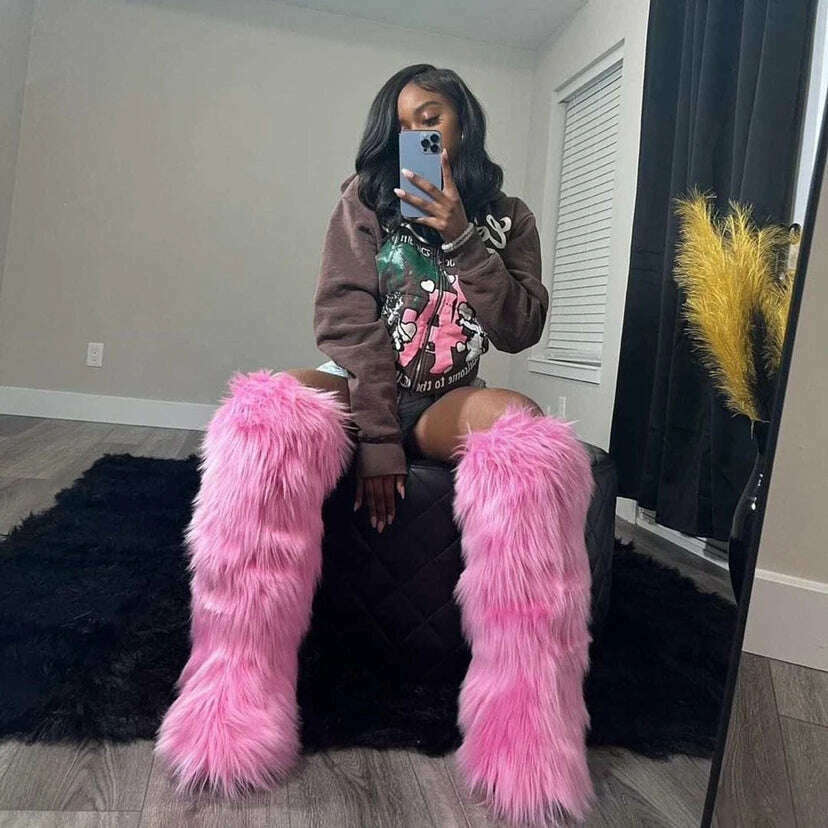 2024 Women Winter Thigh High Fluffy Boots Ladies Furry Faux Fox Fur Long Warm Shoes girls New Designer Plush Knee High Fur Boots - KIMLUD