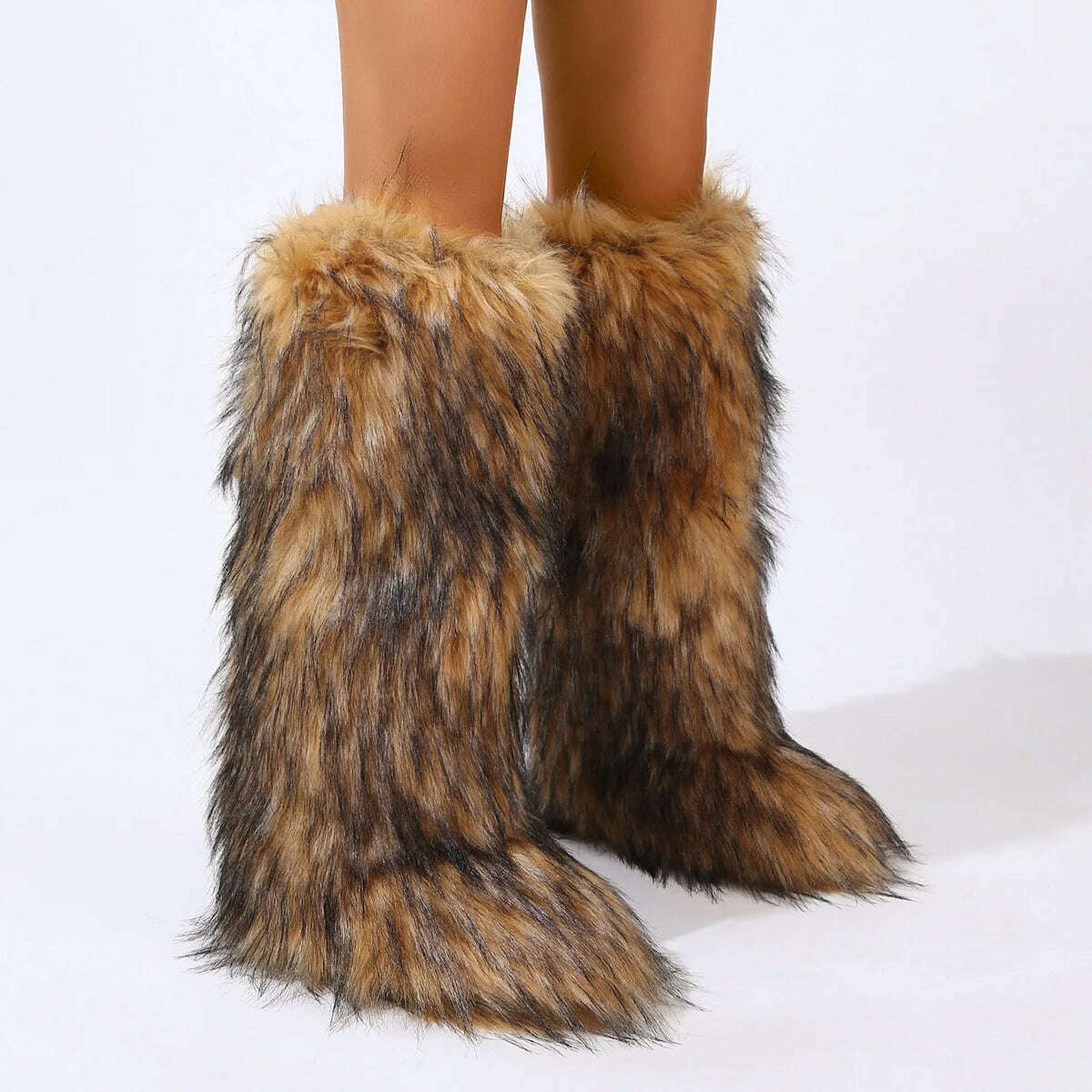 2024 Women Winter Thigh High Fluffy Boots Ladies Furry Faux Fox Fur Long Warm Shoes girls New Designer Plush Knee High Fur Boots - KIMLUD