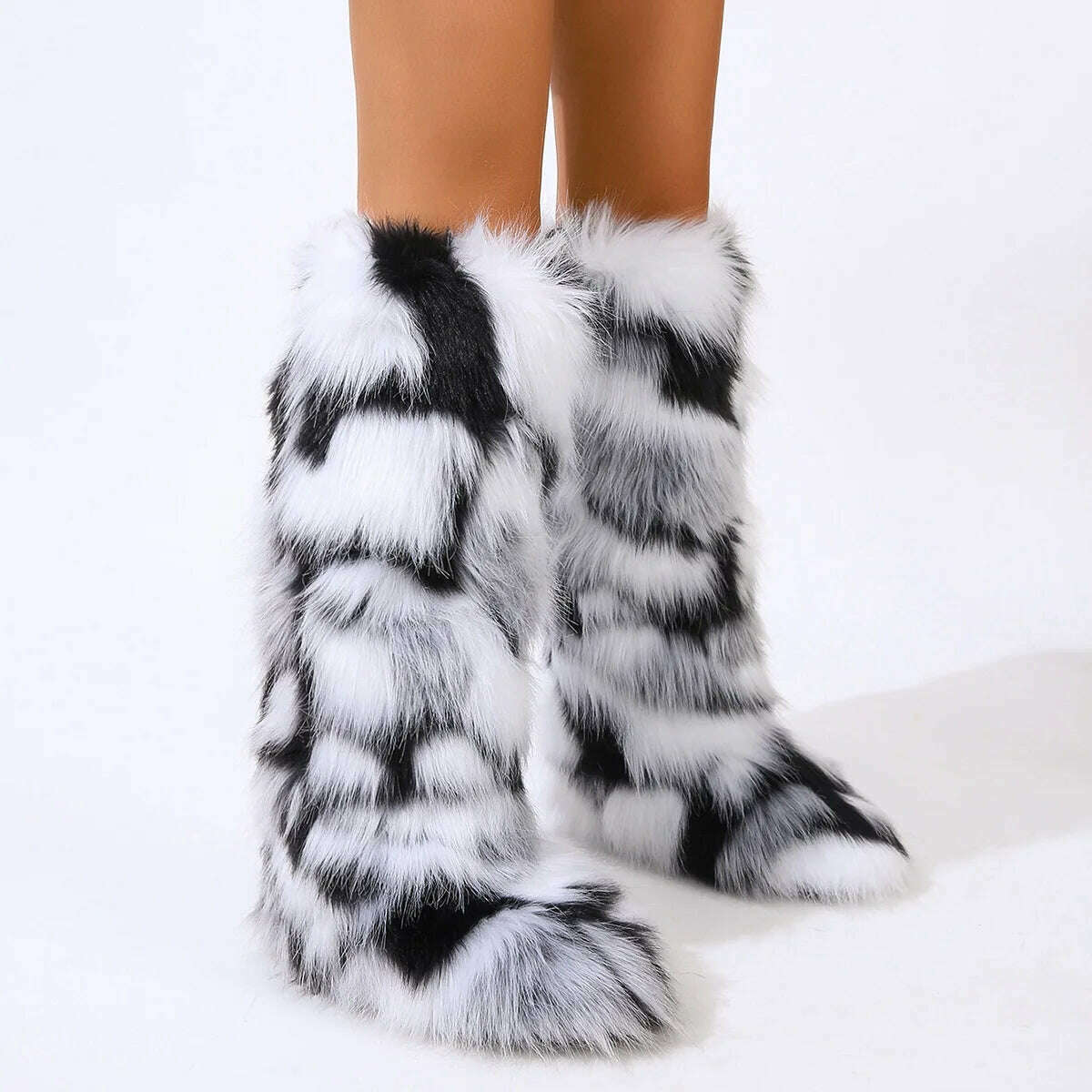 2024 Women Winter Thigh High Fluffy Boots Ladies Furry Faux Fox Fur Long Warm Shoes girls New Designer Plush Knee High Fur Boots - KIMLUD