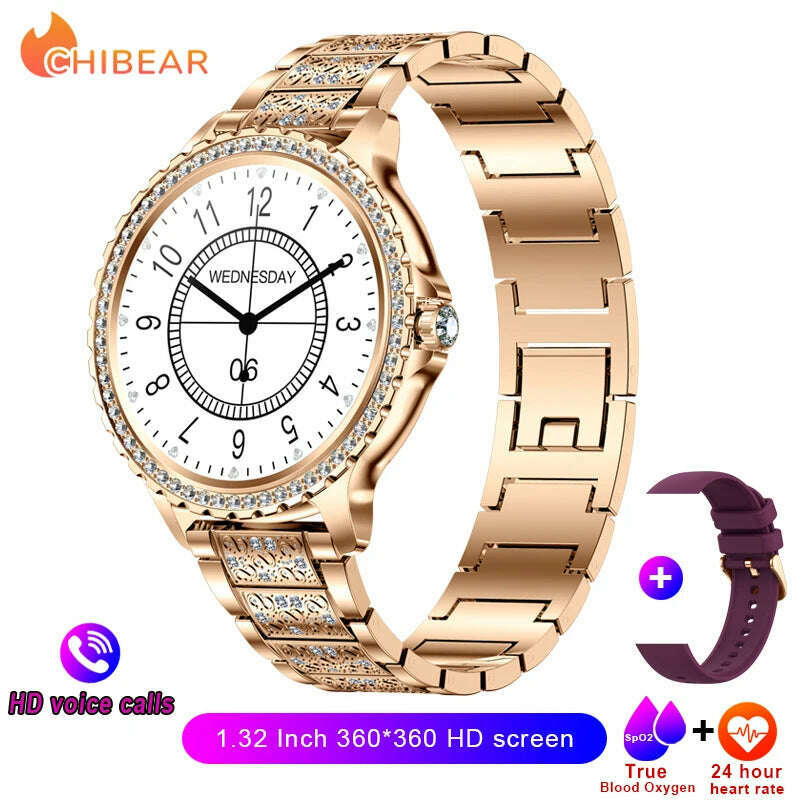 KIMLUD, 2024New Fashion Women Smart Watch 360*360 HD Screen Sports Bracelet Custom Dial Heart Rate Voice Call Smartwatch For Android IOS, Rose gold steel, KIMLUD Womens Clothes