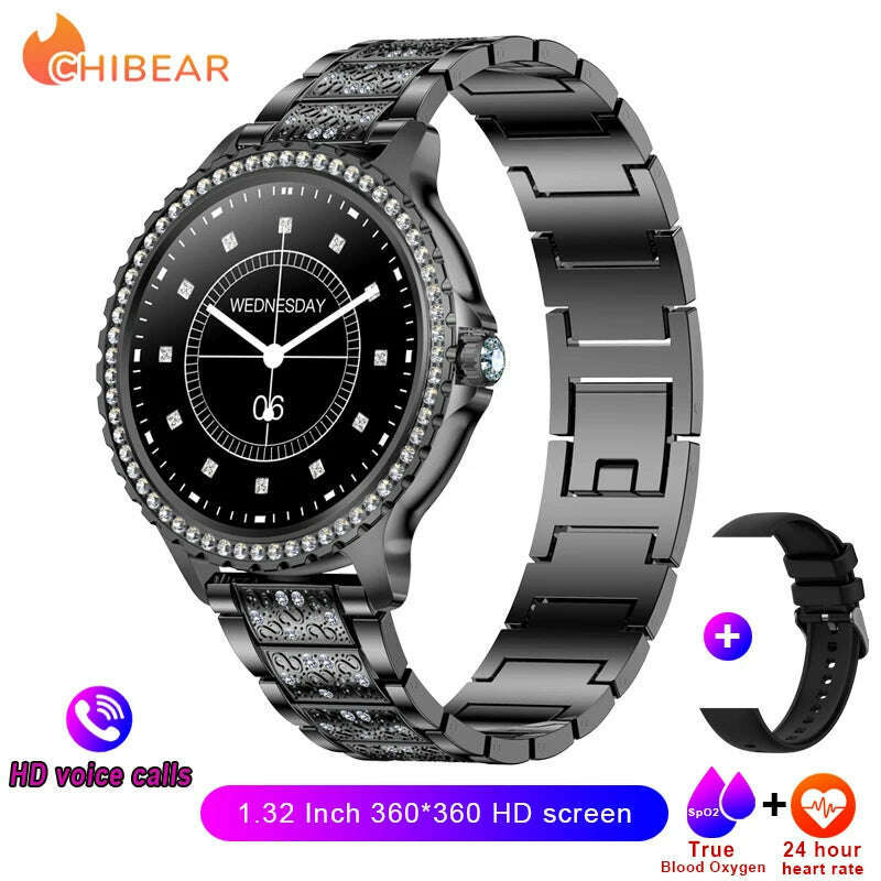 KIMLUD, 2024New Fashion Women Smart Watch 360*360 HD Screen Sports Bracelet Custom Dial Heart Rate Voice Call Smartwatch For Android IOS, Black Steel, KIMLUD Womens Clothes