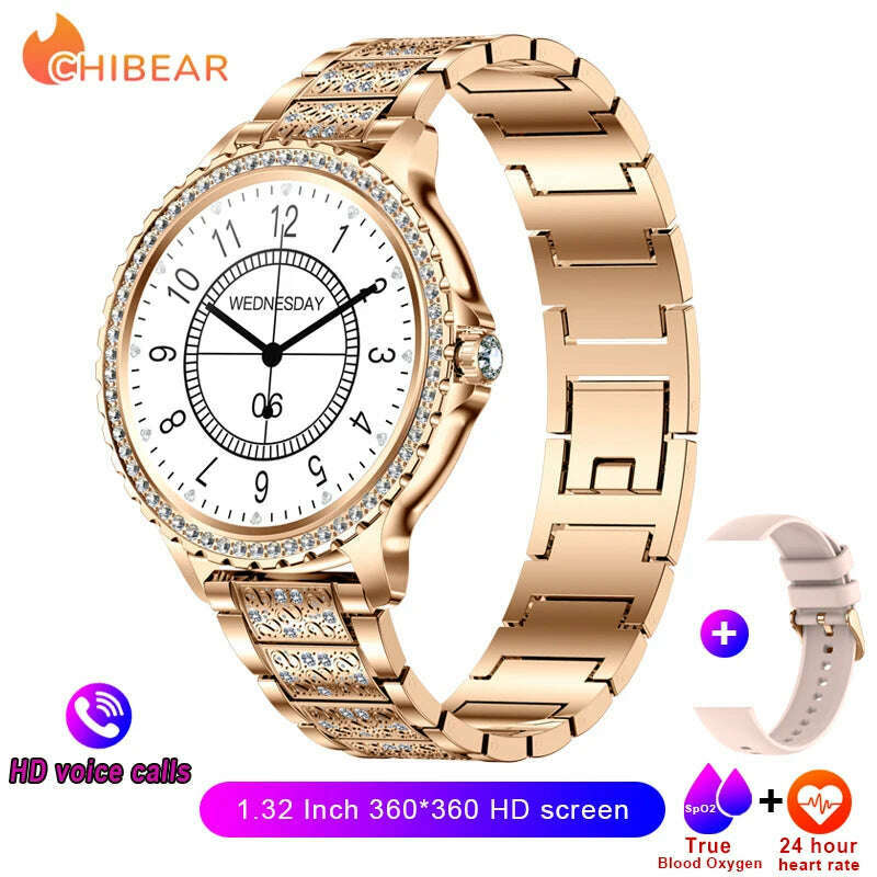 KIMLUD, 2024New Fashion Women Smart Watch 360*360 HD Screen Sports Bracelet Custom Dial Heart Rate Voice Call Smartwatch For Android IOS, Rose gold steel 1, KIMLUD Womens Clothes