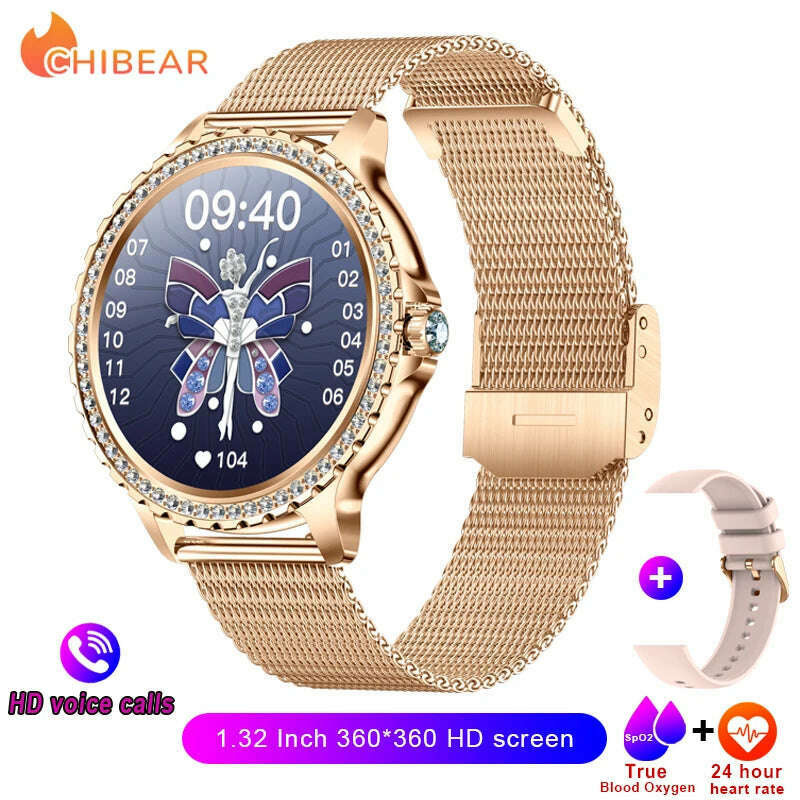 KIMLUD, 2024New Fashion Women Smart Watch 360*360 HD Screen Sports Bracelet Custom Dial Heart Rate Voice Call Smartwatch For Android IOS, Rose gold net, KIMLUD Womens Clothes