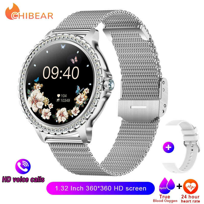 KIMLUD, 2024New Fashion Women Smart Watch 360*360 HD Screen Sports Bracelet Custom Dial Heart Rate Voice Call Smartwatch For Android IOS, Silver Net, KIMLUD Womens Clothes