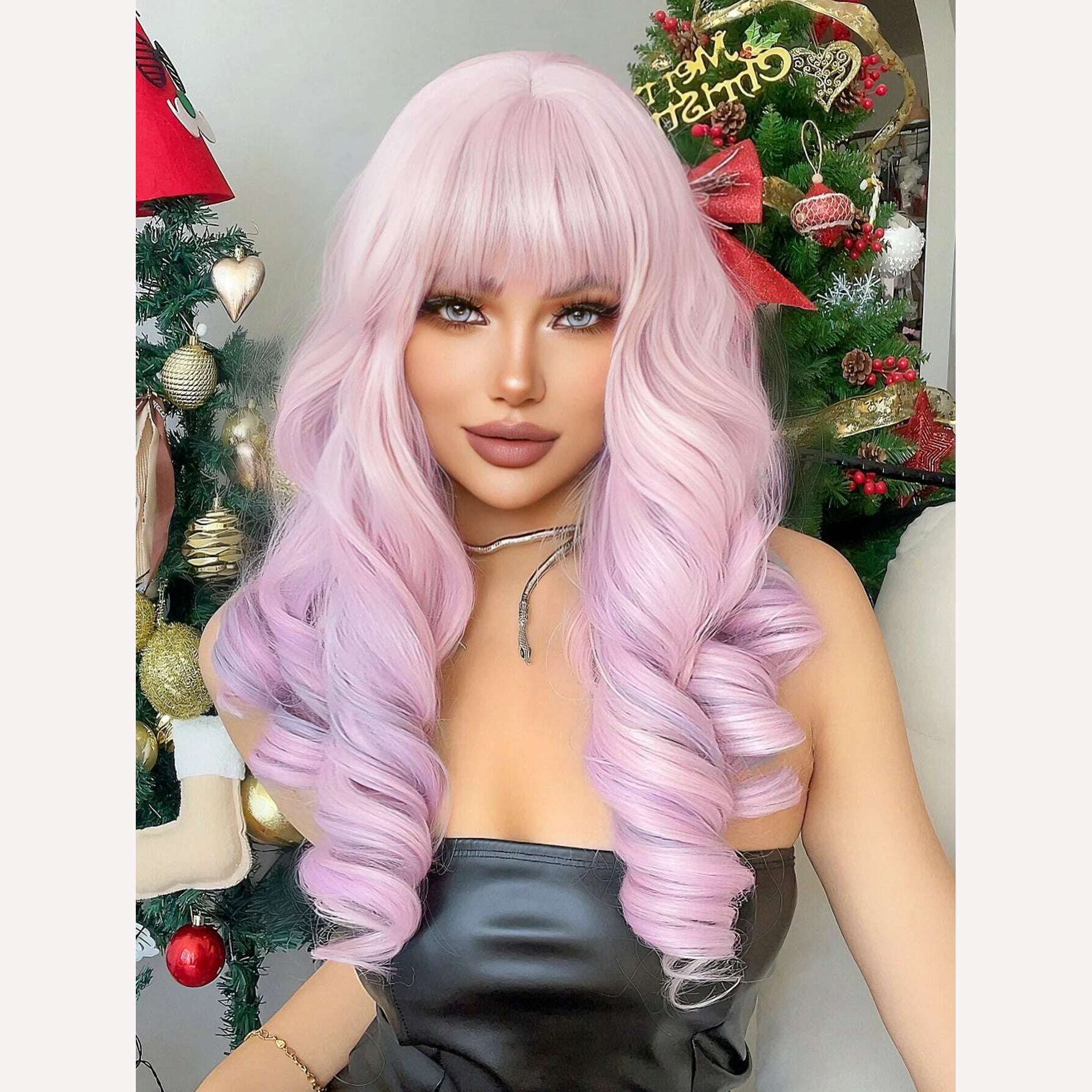 22Inch Cherry Blossom Pink Color Synthetic Wigs With Bang Long Natural Curly Hair Wig For Women Cosplay Party Heat Resistant - KIMLUD