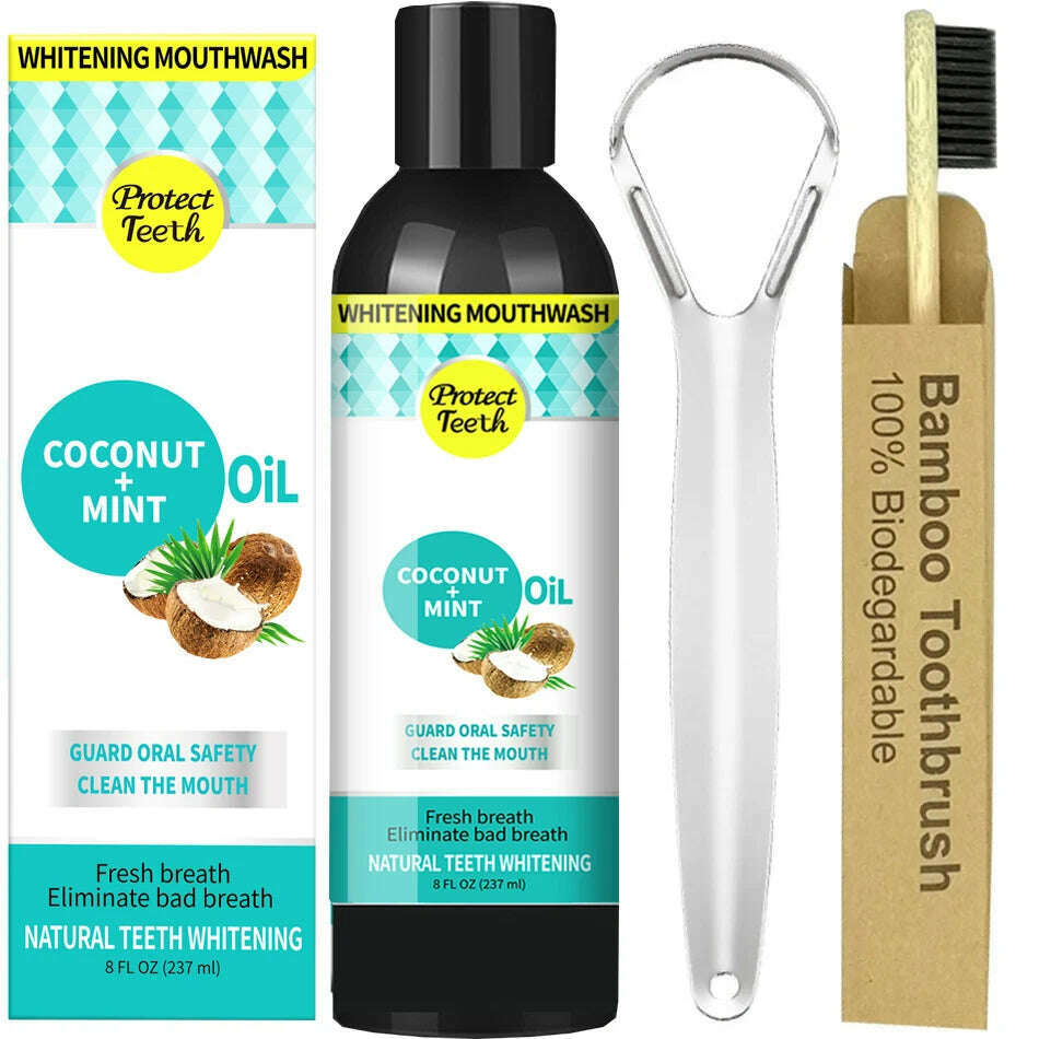 237ml Coconut Mint Pulling Oil Mouthwash Alcohol-free Teeth Whitening Fresh Oral Breath Tongue Scraper Set Mouth Health Care - KIMLUD