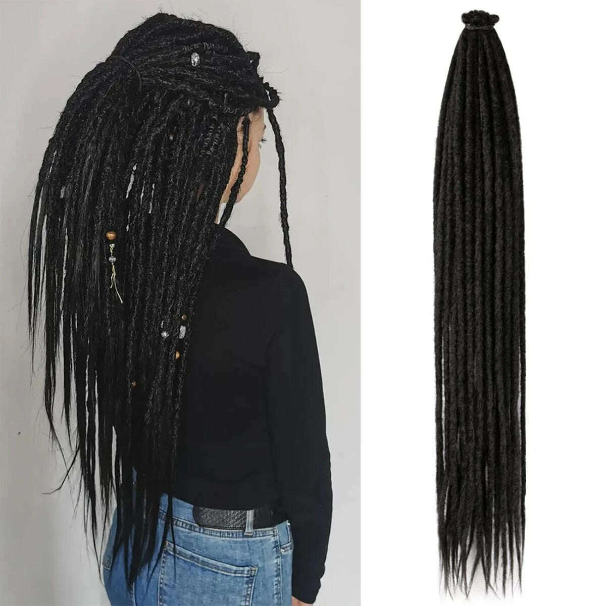 KIMLUD, 24 Inch Synthetic Dreadlock Hair Extensions 10 Root/Lot Hippie Single Ended Dreads Loc Extensions Reggae Style Crochet Hair, 1B / 24inches, KIMLUD APPAREL - Womens Clothes