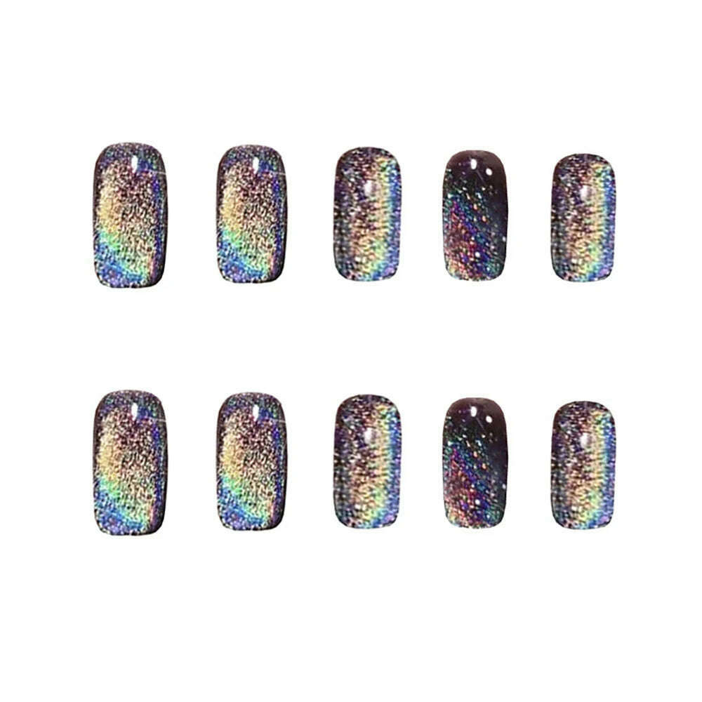 KIMLUD, 24pcs Aurora False Nail Cat Eye Black Fake Nail Full Cover Glitter Coffin Press on Nail Bride Lady Manicure Acrylic Nail Tip, KIMLUD Womens Clothes