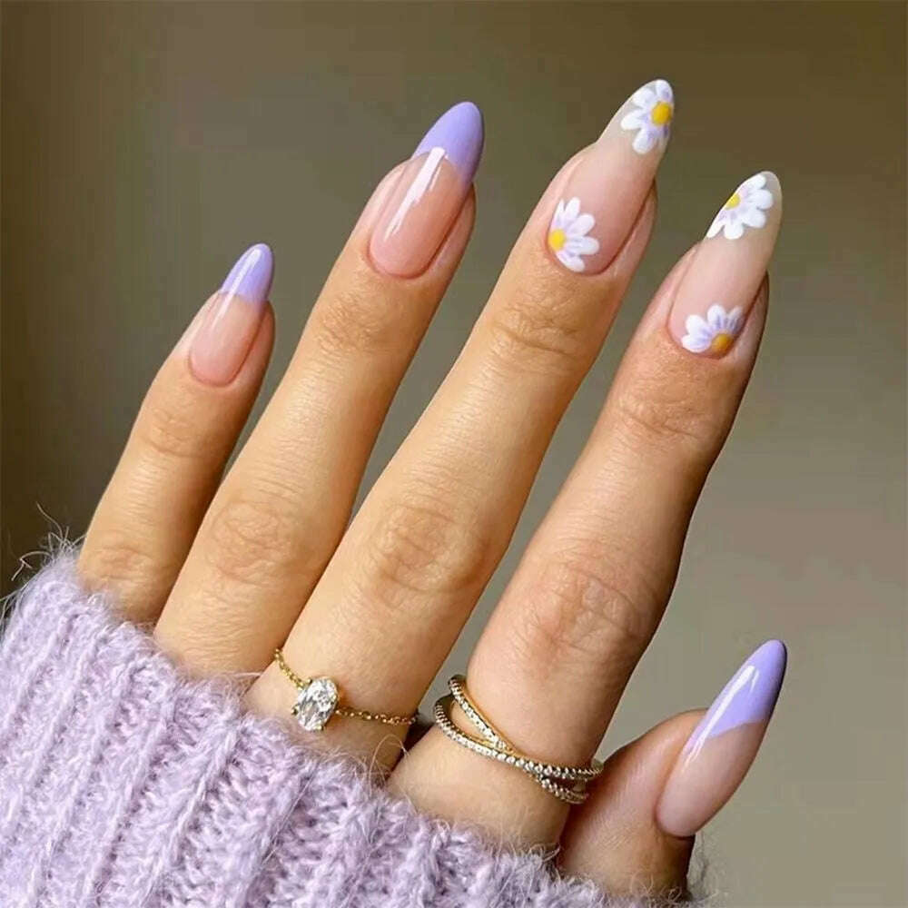 24pcs/Box Ballerina Nail Tip Purple with Design Manicure Patches Fresh Floral Almond False Nails Press on Med Nails Detachable - KIMLUD