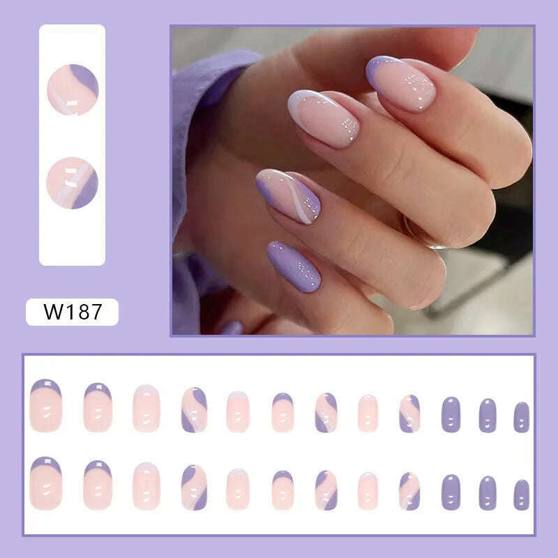 KIMLUD, 24pcs/Box Ballerina Nail Tip Purple with Design Manicure Patches Fresh Floral Almond False Nails Press on Med Nails Detachable, W187-Fake Nails Art, KIMLUD APPAREL - Womens Clothes