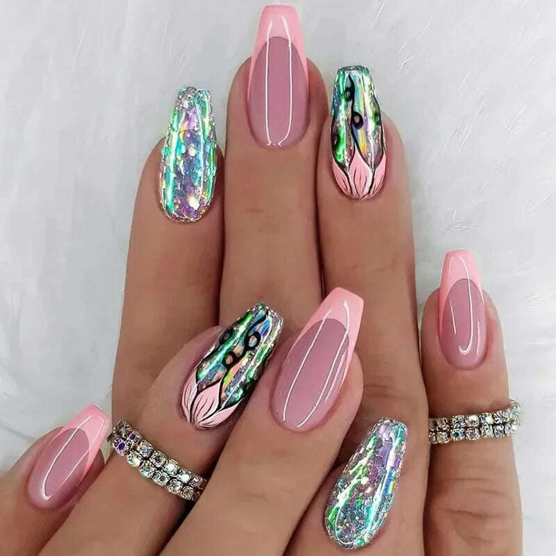 24Pcs/Set Acrylic Long Ballet Press on Nail Tips Coffin Wearing Reusable False Nails Art Colorful Glossy Fake Nails Artificial - KIMLUD